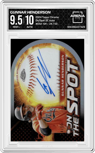 Gunnar Henderson from the 2024 Topps Chrome set graded by Arena Club and given an overall grade of 9.5.