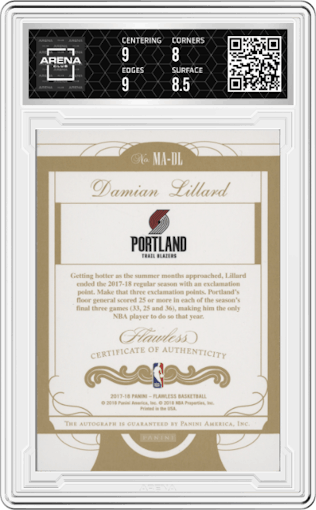 Damian Lillard from the 2017-18 Panini Flawless set graded by Arena Club and given an overall grade of 8.5.
