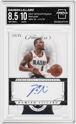 Damian Lillard from the 2017-18 Panini Flawless set graded by Arena Club and given an overall grade of 8.5.