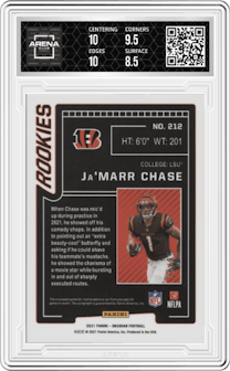 Ja'Marr Chase from the 2021 Panini Obsidian set featuring a Electric Etch Yellow parallel graded by Arena Club and given an overall grade of 9.