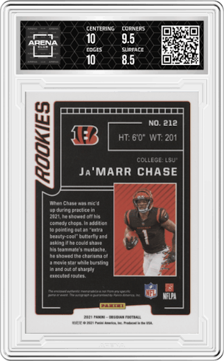 Ja'Marr Chase from the 2021 Panini Obsidian set featuring a Electric Etch Yellow parallel graded by Arena Club and given an overall grade of 9.