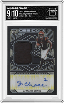 Ja'Marr Chase from the 2021 Panini Obsidian set featuring a Electric Etch Yellow parallel graded by Arena Club and given an overall grade of 9.