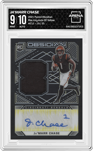 Ja'Marr Chase from the 2021 Panini Obsidian set featuring a Electric Etch Yellow parallel graded by Arena Club and given an overall grade of 9.