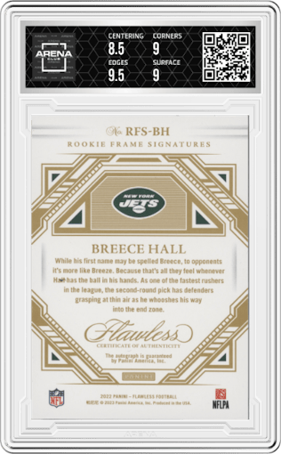 Breece Hall from the 2022 Panini Flawless set featuring a Sapphire parallel graded by Arena Club and given an overall grade of 9.