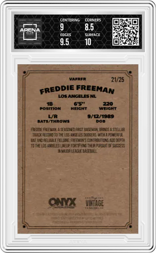 Freddie Freeman from the 2024 Onyx Vintage set featuring a Blue Bordered parallel graded by Arena Club and given an overall grade of 9.