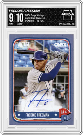 Freddie Freeman from the 2024 Onyx Vintage set featuring a Blue Bordered parallel graded by Arena Club and given an overall grade of 9.