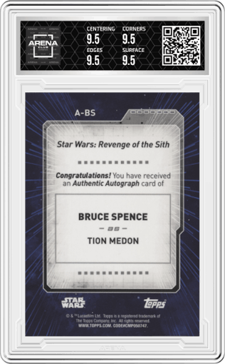 Bruce Spence from the 2022 Topps Star Wars Signature Series set featuring a Blue parallel graded by Arena Club and given an overall grade of 9.5.