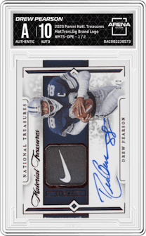 Drew Pearson from the 2023 Panini National Treasures set featuring a Brand Logo Laundry Tag parallel graded by Arena Club and given an overall grade of 0.