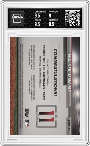 Walker Jenkins from the 2024 Bowman set featuring a Gold Refractor parallel graded by Arena Club and given an overall grade of 9.