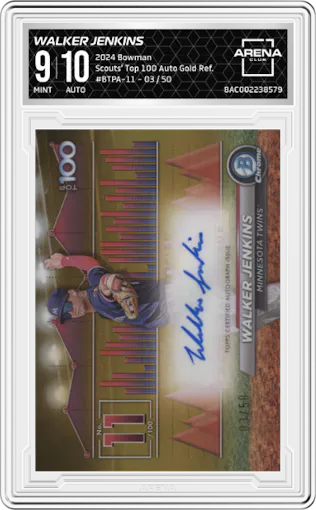 Walker Jenkins from the 2024 Bowman set featuring a Gold Refractor parallel graded by Arena Club and given an overall grade of 9.