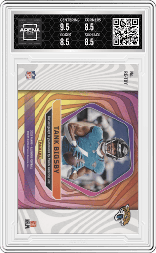Tank Bigsby from the 2023 Panini Illusions set featuring a Green parallel graded by Arena Club and given an overall grade of 8.5.