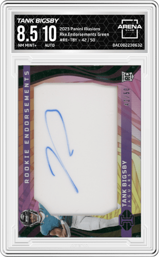 Tank Bigsby from the 2023 Panini Illusions set featuring a Green parallel graded by Arena Club and given an overall grade of 8.5.