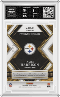 James Harrison from the 2022 Panini Select set featuring a White Prizm parallel graded by Arena Club and given an overall grade of 9.