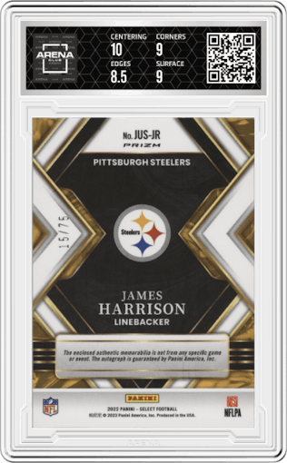 James Harrison from the 2022 Panini Select set featuring a White Prizm parallel graded by Arena Club and given an overall grade of 9.