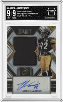 James Harrison from the 2022 Panini Select set featuring a White Prizm parallel graded by Arena Club and given an overall grade of 9.