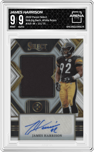 James Harrison from the 2022 Panini Select set featuring a White Prizm parallel graded by Arena Club and given an overall grade of 9.