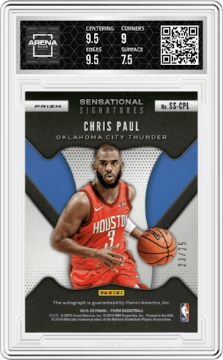 Chris Paul from the 2019-20 Panini Prizm set featuring a Mojo parallel graded by Arena Club and given an overall grade of 8.
