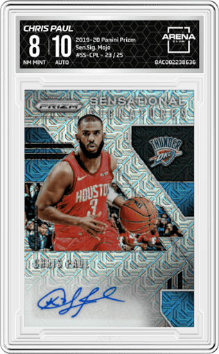 Chris Paul from the 2019-20 Panini Prizm set featuring a Mojo parallel graded by Arena Club and given an overall grade of 8.