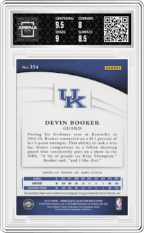 Devin Booker from the 2015 Panini Immaculate Collegiate set featuring a Gold parallel graded by Arena Club and given an overall grade of 8.5.