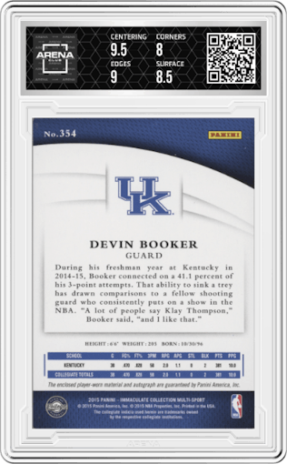 Devin Booker from the 2015 Panini Immaculate Collegiate set featuring a Gold parallel graded by Arena Club and given an overall grade of 8.5.