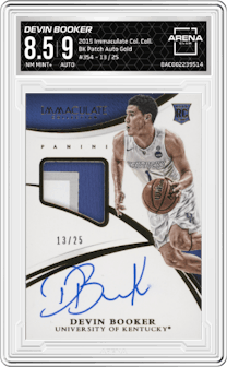 Devin Booker from the 2015 Panini Immaculate Collegiate set featuring a Gold parallel graded by Arena Club and given an overall grade of 8.5.