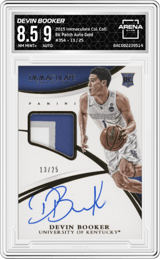 Devin Booker from the 2015 Panini Immaculate Collegiate set featuring a Gold parallel graded by Arena Club and given an overall grade of 8.5.