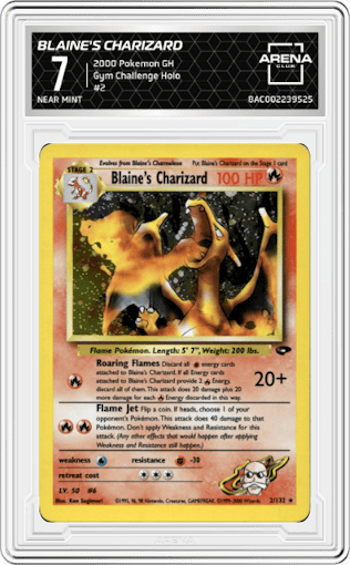 Blaine's Charizard from the 2000 Pokemon GH set graded by Arena Club and given an overall grade of 7.