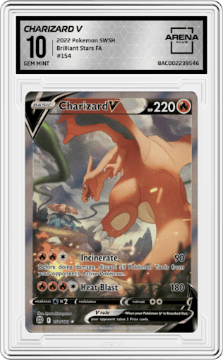 Charizard V from the 2022 Pokemon SWSH set graded by Arena Club and given an overall grade of 10.