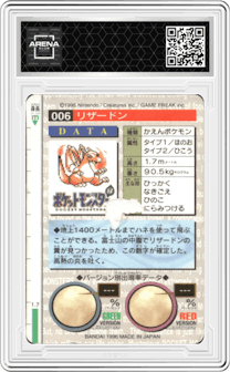 Charizard from the 1996 Pokemon Bandai JPN set featuring a Prism  parallel graded by Arena Club.