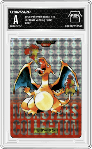 Charizard from the 1996 Pokemon Bandai JPN set featuring a Prism  parallel graded by Arena Club.