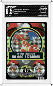 Lizardon from the 1997 Pocket Monsters set featuring a Prism parallel graded by Arena Club and given an overall grade of 6.5.