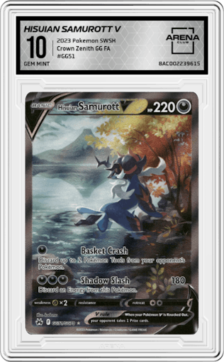 Hisuian Samurott V from the 2023 Pokemon SWSH set graded by Arena Club and given an overall grade of 10.