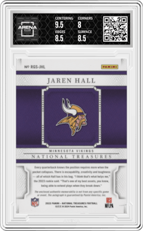 Jaren Hall from the 2023 Panini National Treasures set featuring a Holo Silver parallel graded by Arena Club and given an overall grade of 8.5.