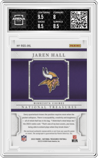 Jaren Hall from the 2023 Panini National Treasures set featuring a Holo Silver parallel graded by Arena Club and given an overall grade of 8.5.