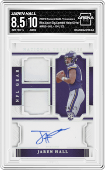 Jaren Hall from the 2023 Panini National Treasures set featuring a Holo Silver parallel graded by Arena Club and given an overall grade of 8.5.
