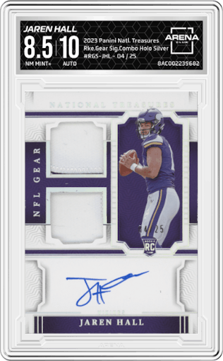 Jaren Hall from the 2023 Panini National Treasures set featuring a Holo Silver parallel graded by Arena Club and given an overall grade of 8.5.