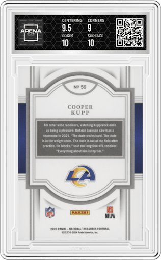 Cooper Kupp from the 2023 Panini National Treasures set featuring a Stars and Stripes parallel graded by Arena Club and given an overall grade of 9.5.