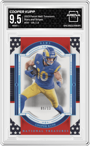 Cooper Kupp from the 2023 Panini National Treasures set featuring a Stars and Stripes parallel graded by Arena Club and given an overall grade of 9.5.