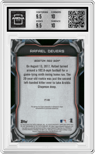 Rafael Devers from the 2018 Topps High Tek set featuring a Black parallel graded by Arena Club and given an overall grade of 10.