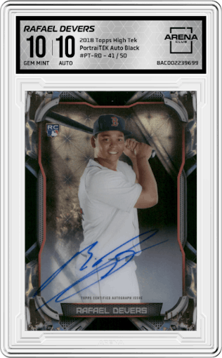 Rafael Devers from the 2018 Topps High Tek set featuring a Black parallel graded by Arena Club and given an overall grade of 10.