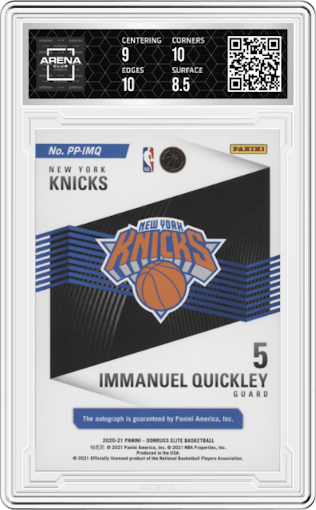 Immanuel Quickley from the 2020-21 Panini Donruss Elite set featuring a Black parallel graded by Arena Club and given an overall grade of 9.