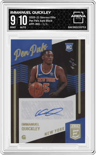 Immanuel Quickley from the 2020-21 Panini Donruss Elite set featuring a Black parallel graded by Arena Club and given an overall grade of 9.