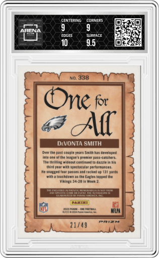 DeVonta Smith from the 2023 Panini One set featuring a Green parallel graded by Arena Club and given an overall grade of 9.5.