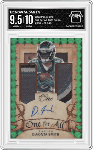 DeVonta Smith from the 2023 Panini One set featuring a Green parallel graded by Arena Club and given an overall grade of 9.5.