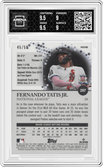 Fernando Tatis Jr. from the 2022 Topps Pristine set featuring a Orange Pristine Refractor parallel graded by Arena Club and given an overall grade of 9.5.