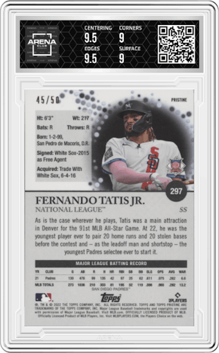 Fernando Tatis Jr. from the 2022 Topps Pristine set featuring a Orange Pristine Refractor parallel graded by Arena Club and given an overall grade of 9.5.