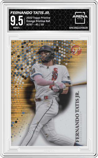 Fernando Tatis Jr. from the 2022 Topps Pristine set featuring a Orange Pristine Refractor parallel graded by Arena Club and given an overall grade of 9.5.