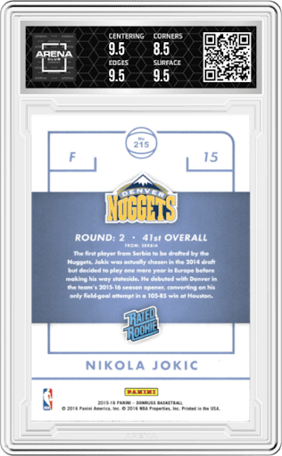 Nikola Jokic from the 2015-16 Panini Donruss Basketball set graded by Arena Club and given an overall grade of 9.