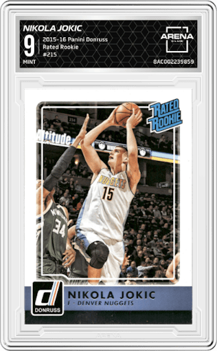 Nikola Jokic from the 2015-16 Panini Donruss Basketball set graded by Arena Club and given an overall grade of 9.