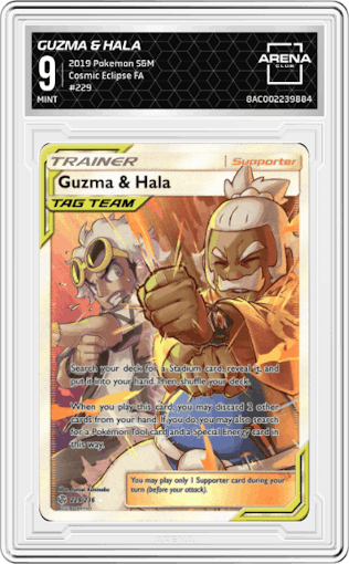 Guzma & Hala from the 2019 Pokemon S&M  set graded by Arena Club and given an overall grade of 9.